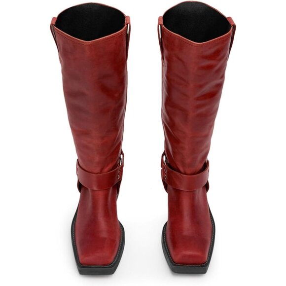 Women's Polyurethane Red Squared Toe Knee High Tall Riding Motorcycle Boots - Picture 4 of 7